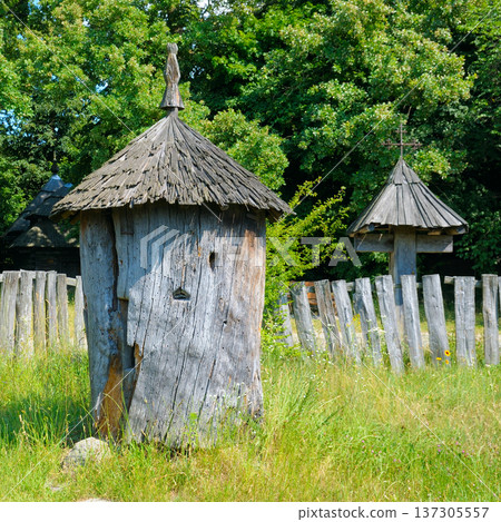 Ancient log beehive in a traditional rural apiary setting. Ancient log beehive in a traditional rural apiary setting. 137305557