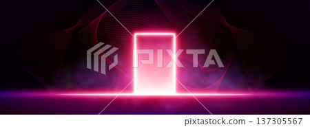 Neon door with pink red glow and abstract lines 137305567