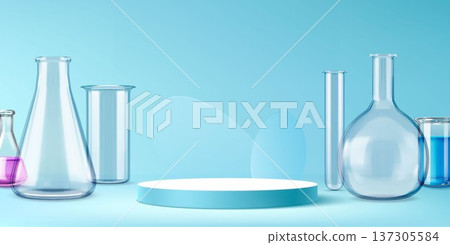 Podium with transparent lab glassware and circles 137305584