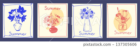 Abstract posters with hand drawn flowers in vase 137305606
