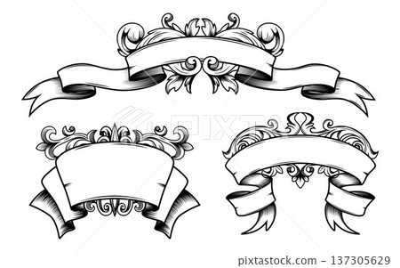 Ribbon banners set with baroque flourish elements 137305629