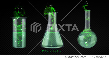 Magical potion elixir bottle, glowing green swirls Magical potion elixir bottle, glowing green swirls 137305634