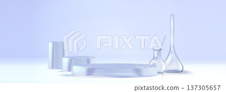 Laboratory glassware set and round podium realisti 137305657