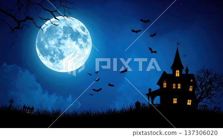 Spooky haunted house with eerie lights is silhouetted against a full moon and bats in the dark blue night sky on Halloween night. 137306020