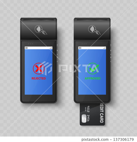 Realistic Mobile POS Terminal Mockup Set. Vector Payment Machine Printing Receipt with Inserted Credit Card. Realistic Mobile POS Terminal Mockup Set. Vector Payment Machine Printing Receipt with Inserted Credit Card. 137306179