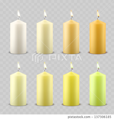 Realistic Colorful Pillar Candle Set. Vector Burning Wax Lights with Flame Realistic Colorful Pillar Candle Set. Vector Burning Wax Lights with Flame 137306185