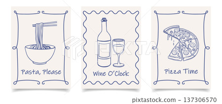 Collection of hand drawn Italian cuisine posters with pasta, wine and pizza. Mediterranean set. Seafood menu cards. Sketch illustration. 137306570