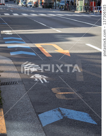 Bicycle navigation mark (white) and bicycle navigation line (blue) installed at the left end of the roadway 137306585