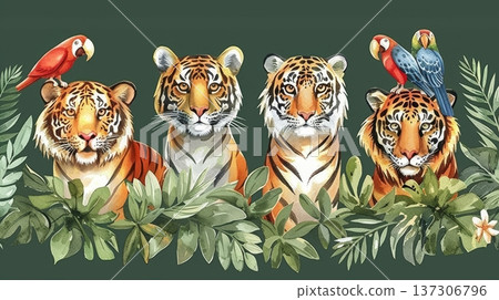 Four Majestic Tigers and Tropical Birds, a Watercolor Illustration of Wildlife in Lush Greenery 137306796