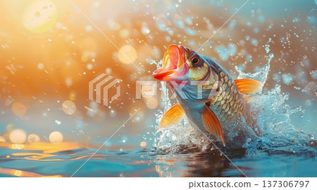 Largemouth Bass Fish Jumping Out of the Water to Catch Lure During Sunset, Fishing Background 137306797
