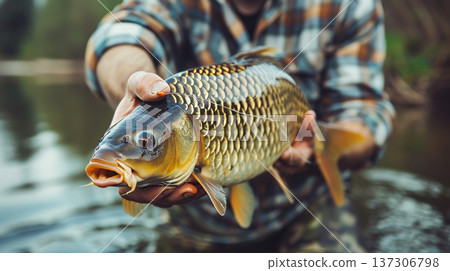 Fisherman holds common carp. Successful fishing day. Mirror carp fishing, freshwater fishing. 137306798