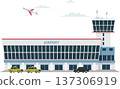 Airport building exterior and flying airplane illustration 137306919