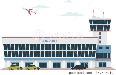 Airport building exterior and flying airplane illustration 137306919
