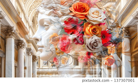 Classical Sculpture Double Exposure With Colorful Flowers, Art, Aesthetics, Renaissance, Surreal 137307001