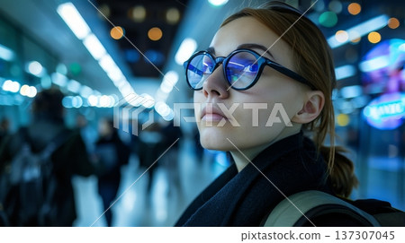 Pensive Young Woman in Glasses Contemplates Amongst the Neon Lights of a Busy City at Night 137307045