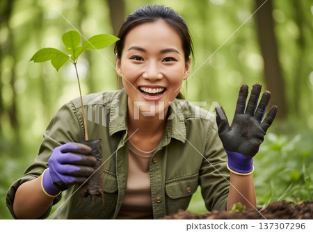 Joyful Asian Woman Planting a Small Sapling, Promoting Environmental Protection and Growth 137307296
