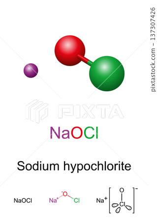 Sodium hypochlorite, ball-and-stick model, molecular and chemical formula. Chemical compound with formula NaOCl, commonly known in a dilute aqueous solution as bleach or chlorine bleach. Vector 137307426