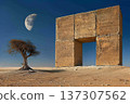 Breathtaking Desert Landscape Featuring Ancient Gate Under Moonlight with Shadows on Arid Ground 137307562