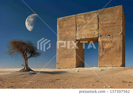 Breathtaking Desert Landscape Featuring Ancient Gate Under Moonlight with Shadows on Arid Ground 137307562