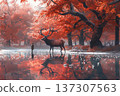 A Serene Autumn Forest Scene A Solitary Figure Encounters a Majestic Stag Amongst Fiery Leaves 137307563