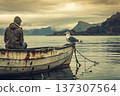 Serene Reflection on the Lake Solitary Fisherman with a Curious Seagull and Majestic Mountain View 137307564