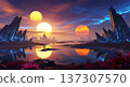 Stunning alien landscape with pristine lakes and dual suns illuminating the bright horizons 137307570