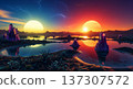 Breathtaking planetary landscape featuring crystal clear lakes and bright horizons lit by two suns. 137307572