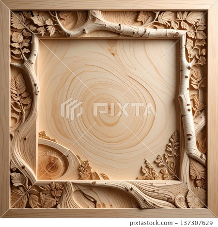 Detailed Wood Carving Frame with Tree and Leaf Motifs in Light Brown 137307629