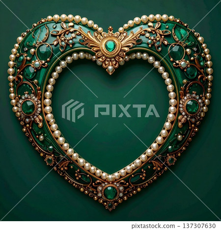 Ornate Emerald Heart Frame Decorated with Pearls on Dark Green Background Ornate Emerald Heart Frame Decorated with Pearls on Dark Green Background 137307630