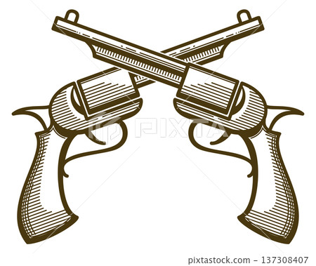 Crossed revolvers engraving. Retro handgun weapon emblem Crossed revolvers engraving. Retro handgun weapon emblem 137308407
