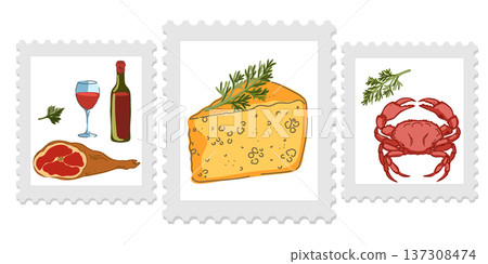 Three cute and cozy stamps with food illustrations, bright and juicy colors, naive style of execution. Appetizing drawings. Groomed elements, set. Three cute and cozy stamps with food illustrations, bright and juicy colors, naive style of execution. Appetizing drawings. Groomed elements, set. 137308474
