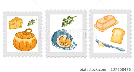 Three cute and cozy stamps with food illustrations, bright and juicy colors, naive style of execution. Appetizing drawings. Groomed elements, set. Three cute and cozy stamps with food illustrations, bright and juicy colors, naive style of execution. Appetizing drawings. Groomed elements, set. 137308476