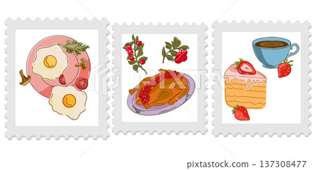 Three cute and cozy stamps with food illustrations, bright and juicy colors, naive style of execution. Appetizing drawings. Groomed elements, set. 137308477
