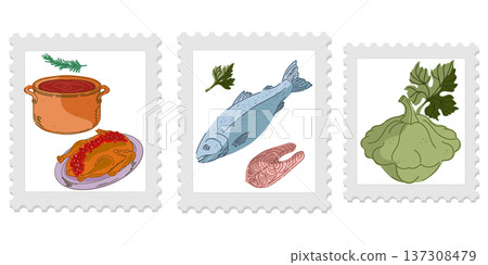 Three cute and cozy stamps with food illustrations, bright and juicy colors, naive style of execution. Appetizing drawings. Groomed elements, set. 137308479