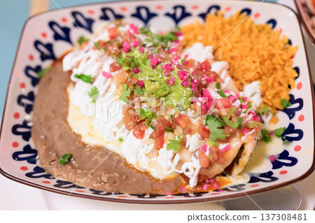 Wet Burrito with Guacamole, Pico de Gallo, Rice and Refried Beans 137308481