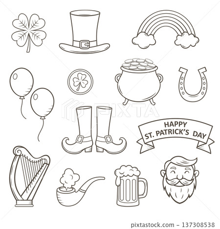 St. Patrick's Day  vector icon set with shamrock, leprechaun, pot of gold and Irish symbols 137308538
