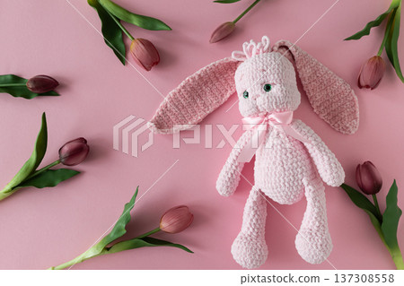 Crocheted Pink Bunny with Tulips. Easter, Birthday or Spring Caming Celebration 137308558