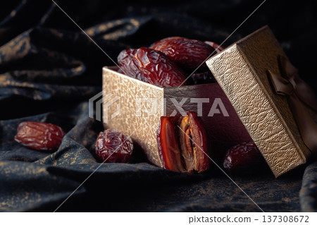 Dates in a gift box on black fabric with gold ornamentation. 137308672