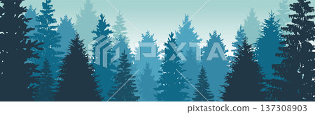 Fir woodland panorama with tree silhouettes. Wildlife banner 137308903