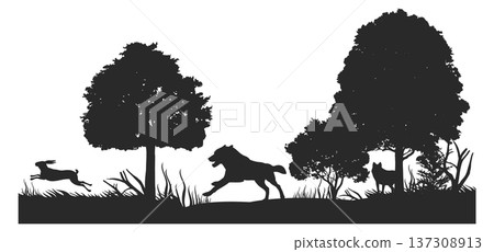 Woodland trees with animal silhouettes. Wildlife black background Woodland trees with animal silhouettes. Wildlife black background 137308913