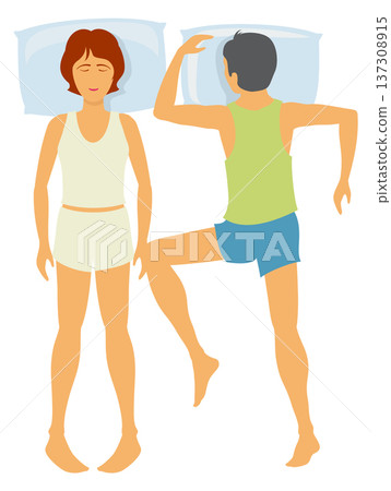 Different sleep positions. Couple rest in bed top view 137308915