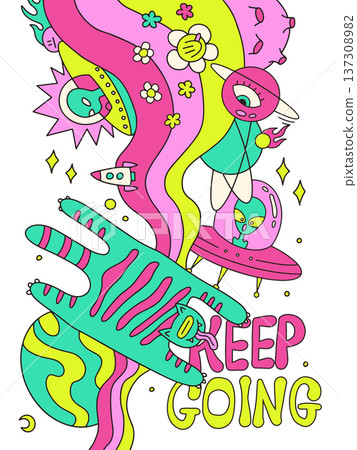 Trippy neon poster template with UFO, alien spaceship and psychedelic rainbow. Retro groovy print with 70s-90s art of space ship, animal, flowers, planets and stars, vector hand drawn illustration. 137308982