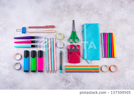 Decluttering concept. Stationery organization on work desk Decluttering concept. Stationery organization on work desk 137309505