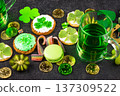 St. Patricks Day party food, green beer and shamrock 137309522