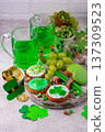 St. Patricks Day party food, green beer and shamrock 137309523