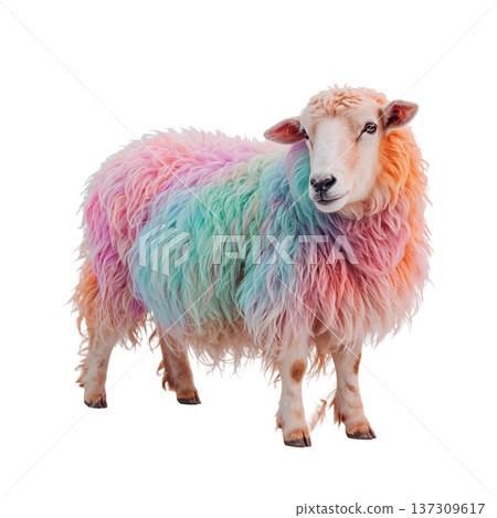 Colorful Sheep Standing Against a White Backdrop in a Playful and Bright Display 137309617