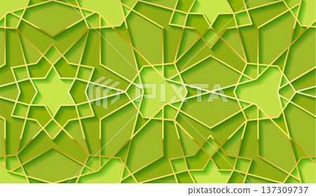Green and gold islamic geometric star pattern background with 3d layered arabesque shapes Green and gold islamic geometric star pattern background with 3d layered arabesque shapes 137309737