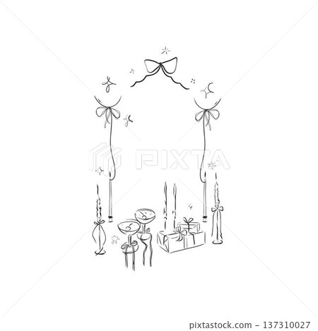 Hand drawn vector abstract outline,graphic,line vintage celebration ornament party frame in drawing elegant style.Elegant decoration vintage outline design isolated.Birthday,Christmas,Party frame. 137310027