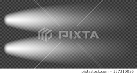Car headlight top view. Lighthouse camera, motorcycle lamp flare. Night front flashlight, png overlay. Street led effect, light beam in smoky fog. Isolated train head spot vector, beacon lense aerial 137310056