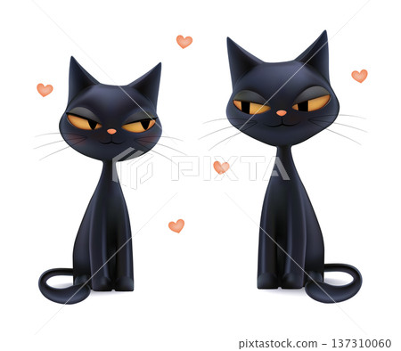 Magic cats couple in love, 3d Halloween devil cute characters. Black friday 13th, valentine animal card. Girl smiling, funny sitting sticker. Heart shape flying in white bg, adorable sight Magic cats couple in love, 3d Halloween devil cute characters. Black friday 13th, valentine animal card. Girl smiling, funny sitting sticker. Heart shape flying in white bg, adorable sight 137310060